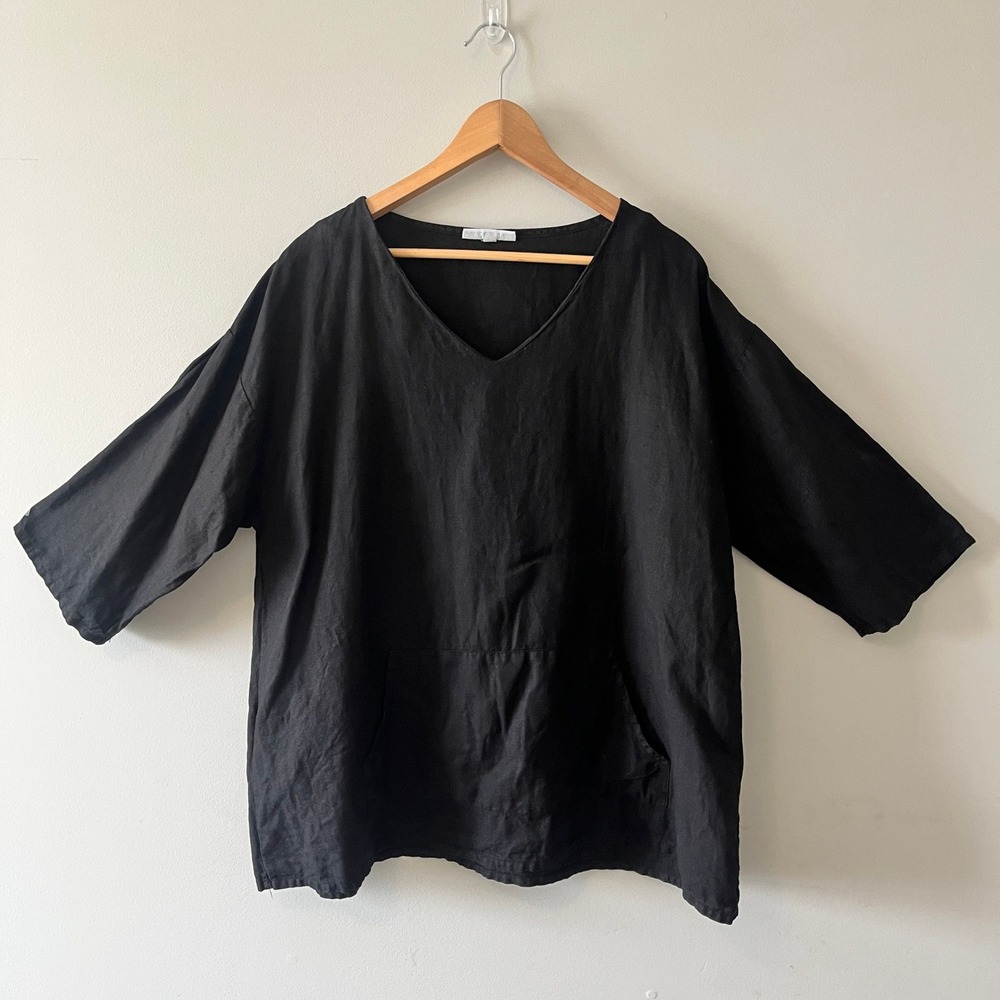 Bryn Walker V-Neck Tunic Top Lagenlook Black M 100% Linen Kangaroo Pocket